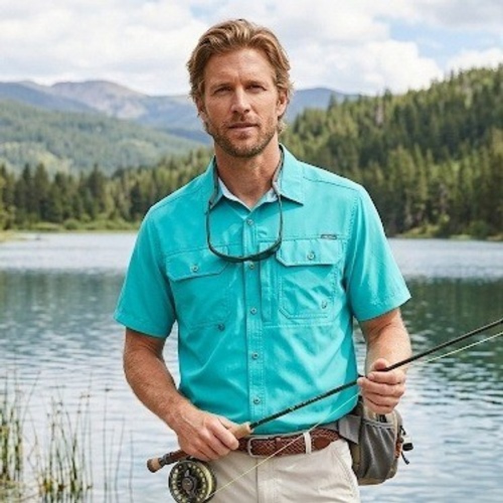 Eddie Bauer Men's Tech Shirt‎ L Starling Turquoise Short Sleeve Button Down NWT